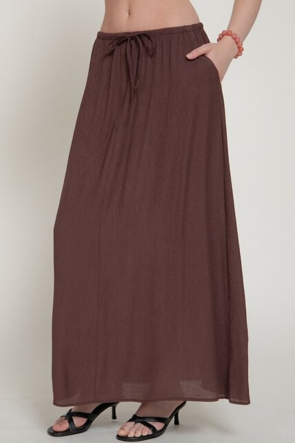 Crinkle Woven Long Skirt w/ Pockets - Mahogany Brown