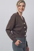 V-Neck Gold Button Knit Cardigan - Mocha