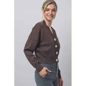 V-Neck Gold Button Knit Cardigan - Mocha