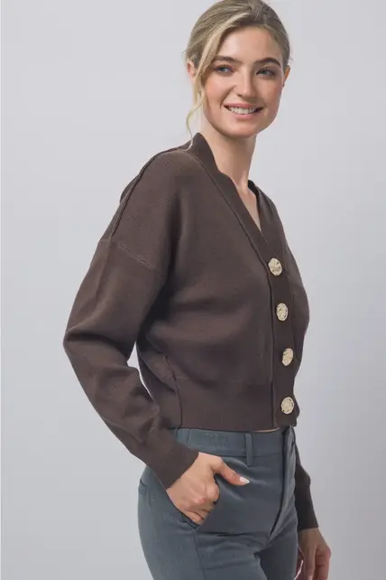 V-Neck Gold Button Knit Cardigan - Mocha