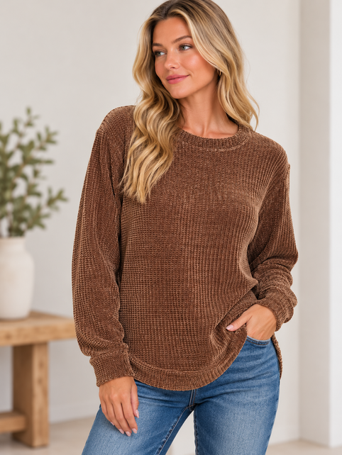 Chenille Waffle Round Neck Sweater