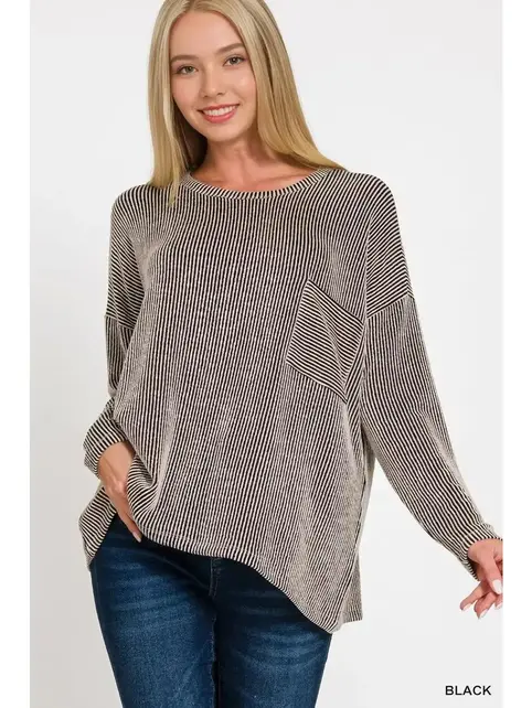 Ribbed Striped Oversized Long Sleeve Top