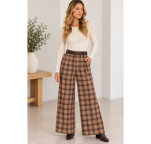 Pleats Belted Plaid Wide Long Pants w/ Side Zipper