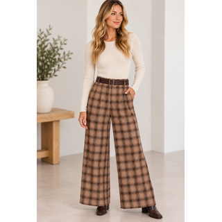 Pleats Belted Plaid Wide Long Pants w/ Side Zipper