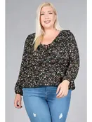 Plus Floral Ditsy Babydoll Blouse - Black