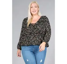 Plus Floral Ditsy Babydoll Blouse - Black