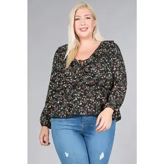 Plus Floral Ditsy Babydoll Blouse - Black