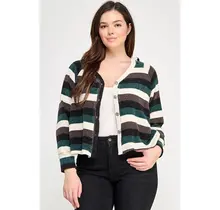 Plus Size Stripe Ls Button Down Hoodie Sweater
