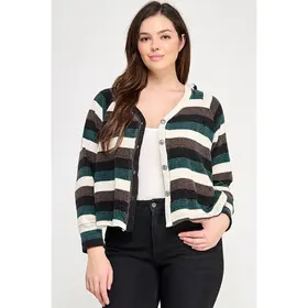 Plus Size Stripe Ls Button Down Hoodie Sweater