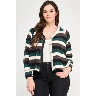 Plus Size Stripe Ls Button Down Hoodie Sweater