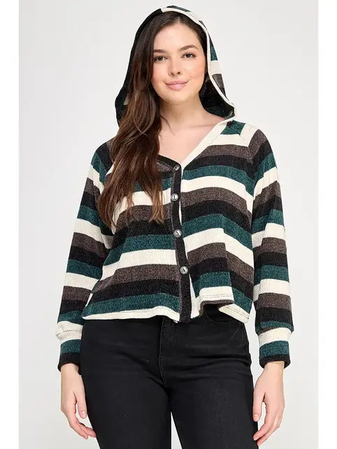 Plus Size Stripe Ls Button Down Hoodie Sweater