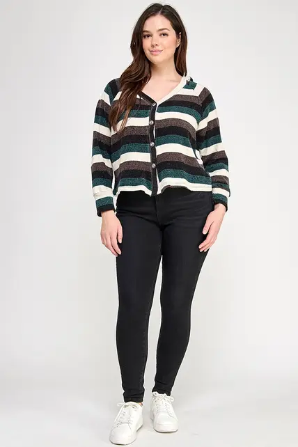 Plus Size Stripe Ls Button Down Hoodie Sweater