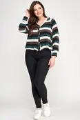 Plus Size Stripe Ls Button Down Hoodie Sweater