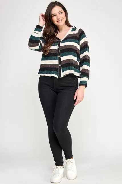 Plus Size Stripe Ls Button Down Hoodie Sweater