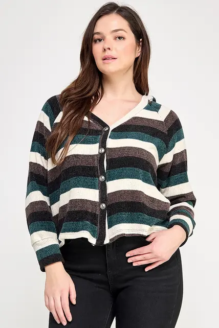 Plus Size Stripe Ls Button Down Hoodie Sweater