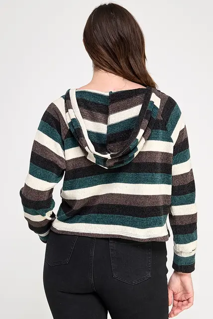 Plus Size Stripe Ls Button Down Hoodie Sweater