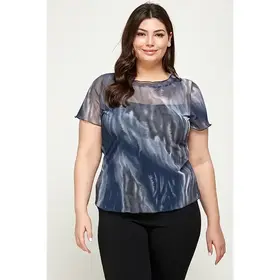 Plus Size Marble Print Mesh Tee - Charcoal