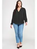 Plus Size V-Neck Button Back Long Sleeve - Black