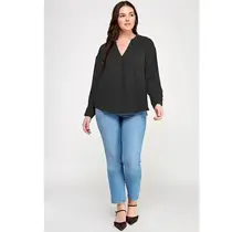 Plus Size V-Neck Button Back Long Sleeve - Black