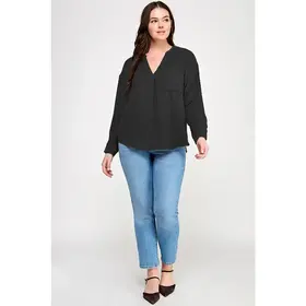Plus Size V-Neck Button Back Long Sleeve - Black