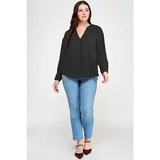 Plus Size V-Neck Button Back Long Sleeve - Black