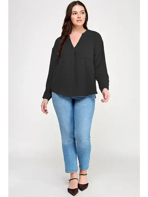 Plus Size V-Neck Button Back Long Sleeve - Black