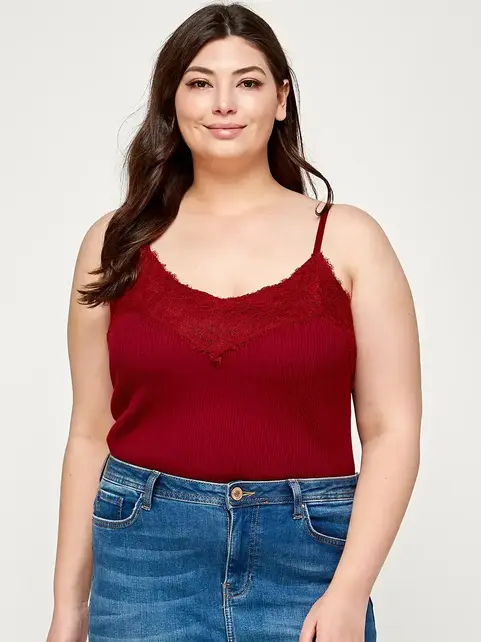 Plus Size Ribbed Lace Trimmed Cami Bodysuit - Maroon