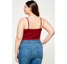 Plus Size Ribbed Lace Trimmed Cami Bodysuit - Maroon