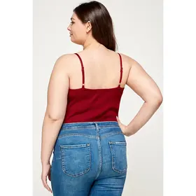 Plus Size Ribbed Lace Trimmed Cami Bodysuit - Maroon