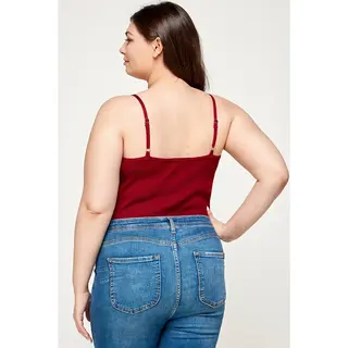 Plus Size Ribbed Lace Trimmed Cami Bodysuit - Maroon