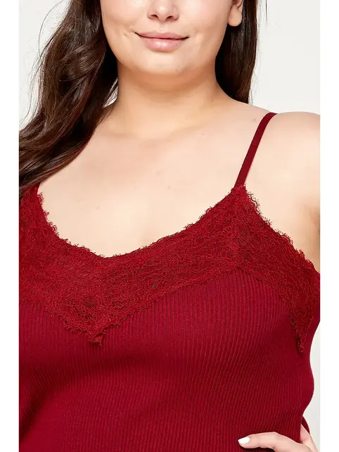 Plus Size Ribbed Lace Trimmed Cami Bodysuit - Maroon