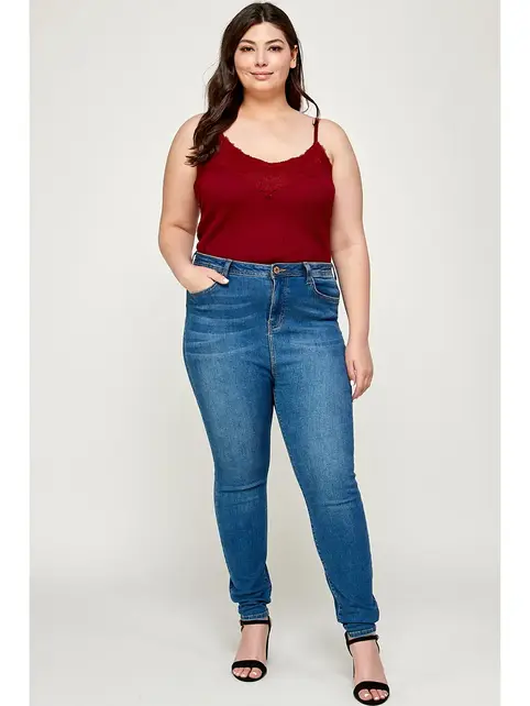 Plus Size Ribbed Lace Trimmed Cami Bodysuit - Maroon