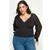 Plus Size Mesh Sleeve Top - Black