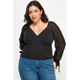 Plus Size Mesh Sleeve Top - Black