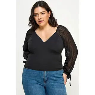 Plus Size Mesh Sleeve Top - Black