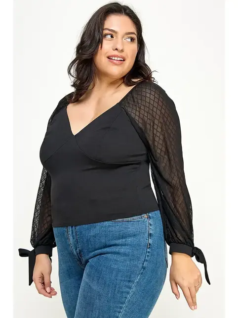 Plus Size Mesh Sleeve Top - Black