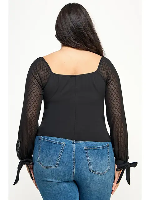Plus Size Mesh Sleeve Top - Black