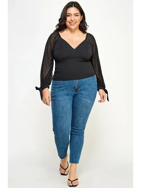 Plus Size Mesh Sleeve Top - Black