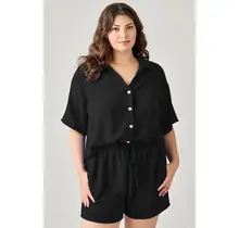 Plus Size 2pc Linen Airflow Button Down Set - Black