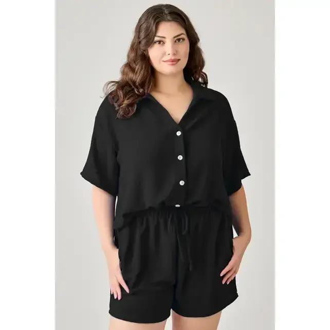 Plus Size 2pc Linen Airflow Button Down Set - Black