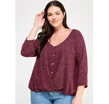 Plus Size Hacci Sweater Button Down Top - Burgundy