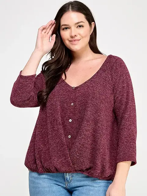 Plus Size Hacci Sweater Button Down Top - Burgundy