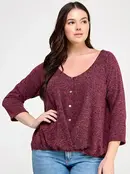 Plus Size Hacci Sweater Button Down Top - Burgundy