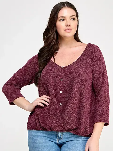 Plus Size Hacci Sweater Button Down Top - Burgundy