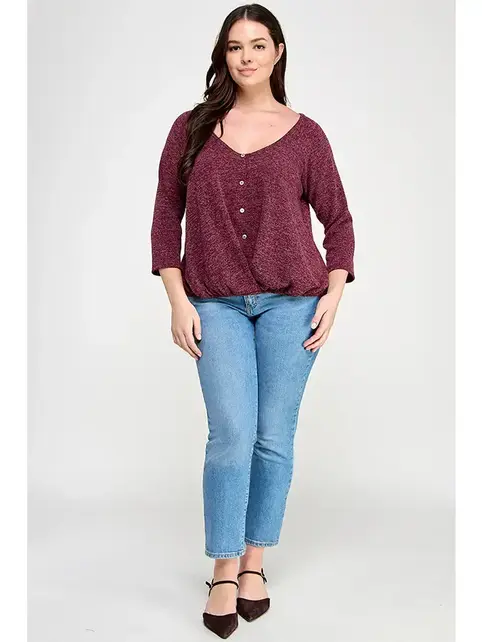 Plus Size Hacci Sweater Button Down Top - Burgundy