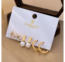 Pearl & Floral Gold Textured Earring Set | 80E63276