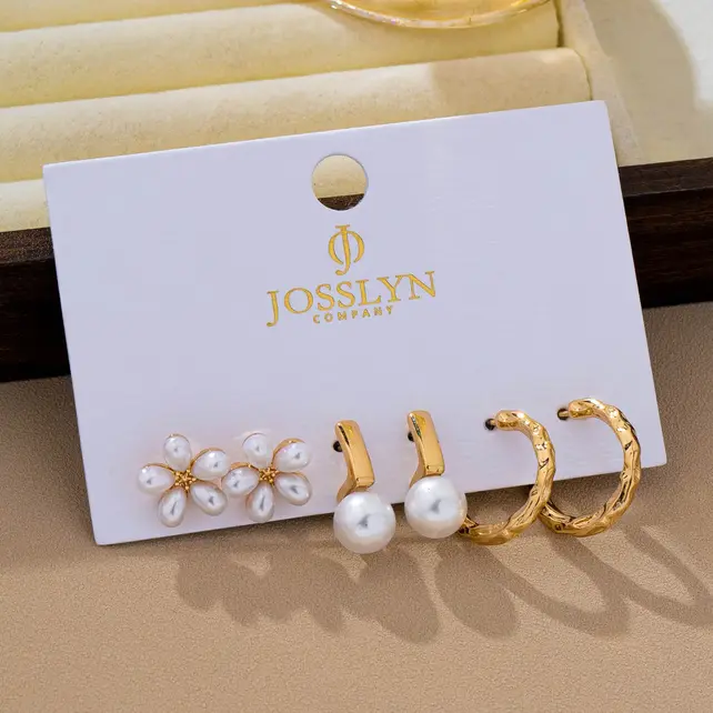 Pearl & Floral Gold Textured Earring Set | 80E63276