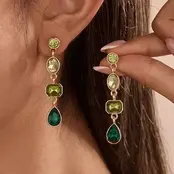4 Tier Drop Layer Rhinestone Earrings | 40E527 - Emerald