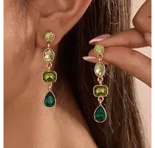 4 Tier Drop Layer Rhinestone Earrings | 40E527 - Emerald