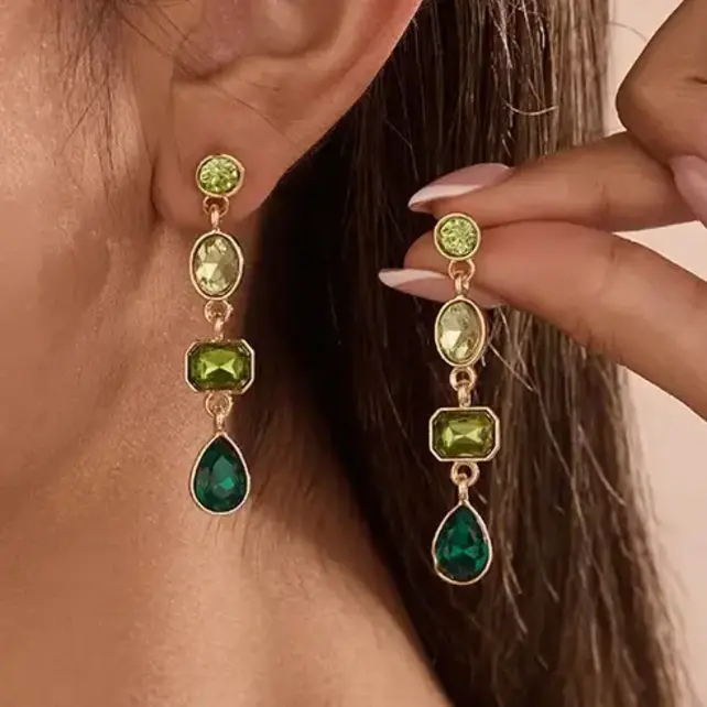 4 Tier Drop Layer Rhinestone Earrings | 40E527 - Emerald